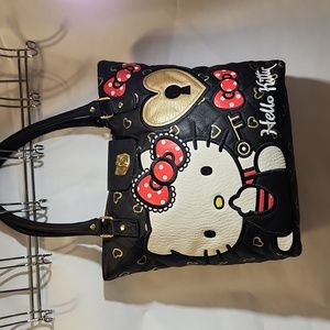 Loungefly Hello Kitty Black Leather Tote with Gold Hearts & Red Bows
